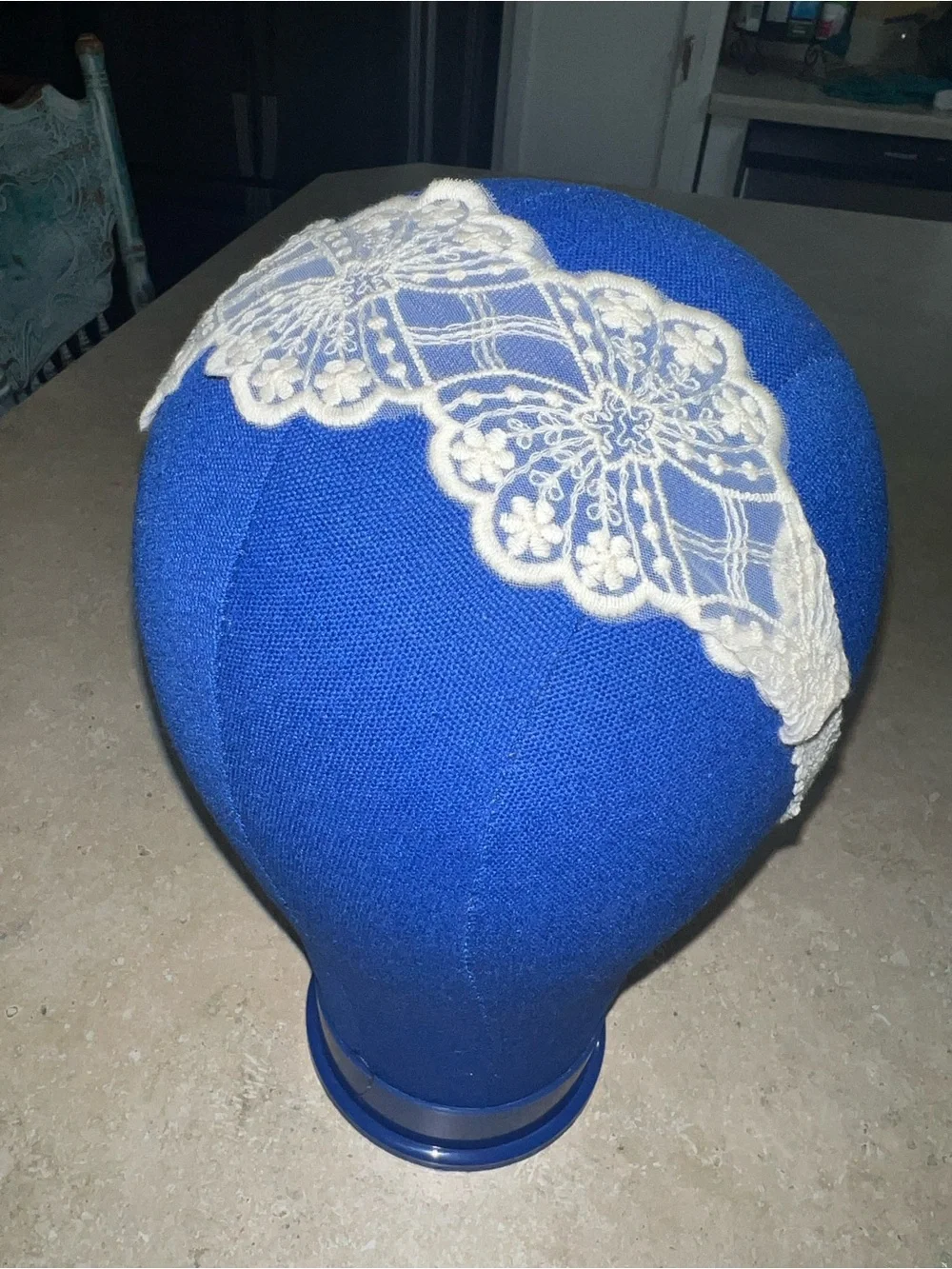 Royal Blue Headband with Cream Lace Accent